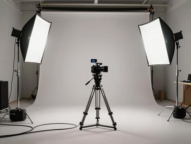 Wide shot of a filming setup inside a studio — lighting rigs positioned around a clean background, a camera on a tripod, cables neatly routed across the floor, no person present, strobe light glinting off the reflector
