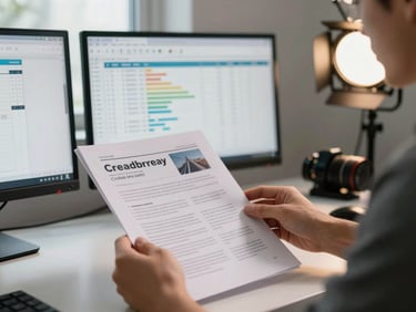 Environmental shot of a creator at a desk reviewing a printed campaign brief, a second monitor showing a spreadsheet of creator metrics in the background, studio lighting rig partially visible to the right, natural window light from the left softening the scene