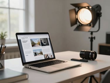 Wide environmental shot of a creator's desk setup with a laptop open to a campaign brief document, studio lighting rig visible in the background, clean workspace, natural daylight from a side window