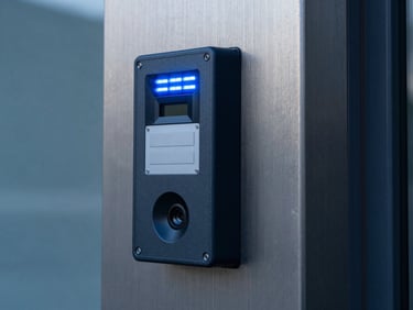 Close-up of a high-security access control terminal with integrated biometric scanner, mounted on a brushed metal pillar, cool blue LED status indicator, sharp technical details, high contrast