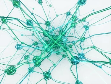 Minimalist digital network diagram with glowing emerald-green and cyan-blue data lines connecting nodes on a pure white backdrop, high-tech scientific aesthetic, 3d render