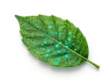 Macro shot of a stylized green leaf integrated with glowing cyan data lines, clean high-tech digital-organic hybrid, studio light