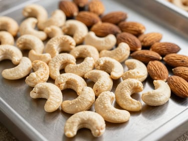 Close-up of premium graded cashew nuts and almonds arranged on a clean stainless steel inspection table