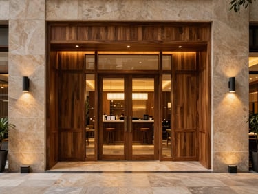 Straight-on architectural shot of a modern boutique hotel lobby in Patna, warm ambient lighting, polished stone textures, rich wood accents, calm and welcoming atmosphere.