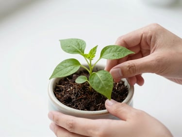 Hands potting a small green plant in a ceramic vessel, rich soil, bright morning light.