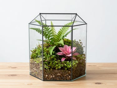 A beautifully layered glass terrarium with moss and ferns on a clean wooden table, soft daylight.