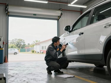Wide shot of a bright inspection bay, open roller door letting in natural daylight, inspector in work jacket crouching beside a vehicle door examining the lower panel edge with a flashlight, overhead shop lights casting even white illumination, clipboard and equipment case visible on the floor nearby