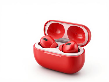 High-resolution product render of premium wireless earbuds in their charging case, open, on a clean white background, studio lighting, focused on compact design and sound quality.
