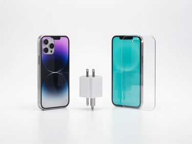 High-resolution product render of a collection of mobile accessories including a stylish phone cover, a fast charger, and tempered glass, arranged neatly on a clean white background, studio lighting, focused on quality and utility.