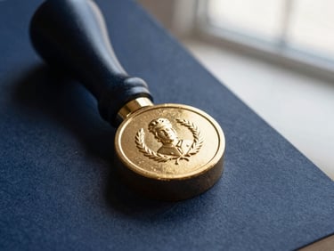 Macro shot of an official gold-embossed legal seal on deep blue paper, soft side-lit window light, professional and prestigious