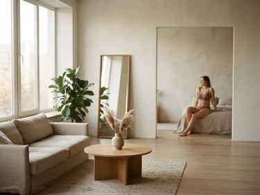 Wide panoramic shot of a minimalist, sunlit interior with soft textures and ample negative space. A model in natural pose, wearing Dralena lingerie, is subtly visible in the background, out of focus, emphasizing the serene environment. Soft morning window light, muted earth tones, shallow depth of field, 35mm.