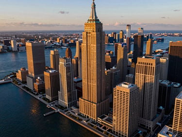 Aerial drone shot of the Brickell skyline at golden hour, deep blue water contrasting with warm architectural lighting, high-contrast editorial composition.