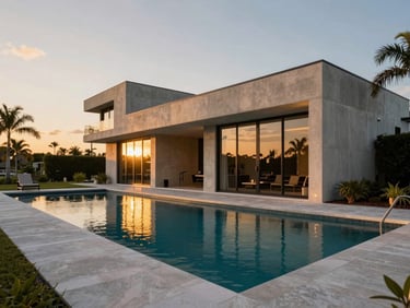 Wide-angle architectural photography of a modern waterfront estate in Cape Coral at twilight, golden hour reflection on pool, clean concrete lines, 35mm lens.