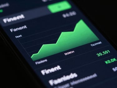 Macro close-up of an Android phone screen displaying a fluid FinTech dashboard with real-time data, dark mode, neon green charts, studio lighting.