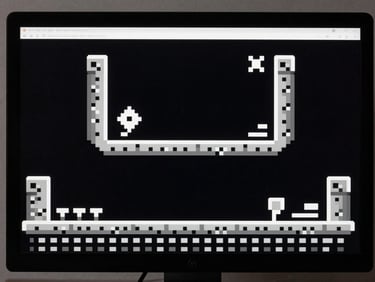 Close-up frontal screenshot of a shipped 2D platformer game, sharp pixel art environment, high-contrast black and white level geometry, studio tungsten lighting on monitor screen, no bloom