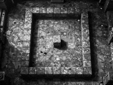 Frontal in-engine screenshot of a top-down dungeon crawler, sharp monochrome tile grid, harsh directional light casting hard shadows on stone floor, no render art