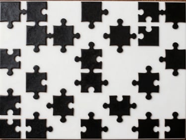 Direct frontal game screenshot of a puzzle game with stark black tile pieces on white background, high contrast, clean grid layout, no decorative elements