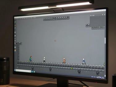 Wide monitor screenshot of a side-scrolling action game, desaturated grey palette, sharp sprite outlines, studio overhead fluorescent lighting on desk setup visible at frame edge