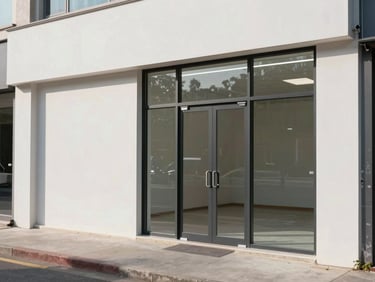 Documentary photo of a freshly painted commercial storefront interior in natural light, clean wall finish near glass entry, no people, industrial-style space