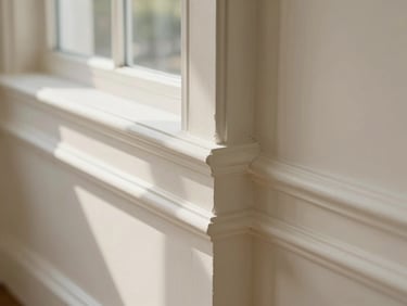Close-up of freshly painted interior wall trim and baseboard in natural window light, crisp paint edge visible, warm off-white finish, no people