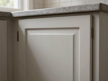 Close-up of a freshly repainted kitchen cabinet door in natural window light, smooth factory-style finish, grain-free surface, hardware removed, no people
