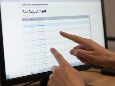Close-up of hands pointing at a monitor showing Amazon Sponsored Products bid adjustment interface, bright even office lighting, screen glow visible, data rows highlighted