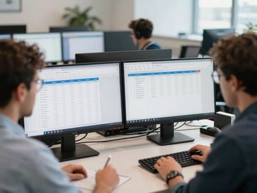 Wide shot of a small team around dual monitors reviewing an Amazon Seller Central inventory forecast spreadsheet, bright even office lighting, multiple screens visible in background