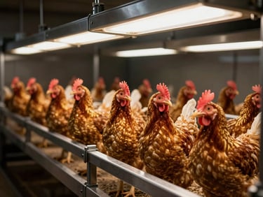 Modern biosecure poultry farm interior, clean stainless steel equipment, professional clinical lighting