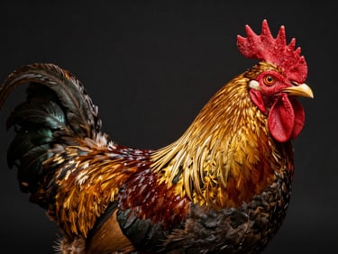 Dramatic studio shot of a pedigree Pakhoy rooster, golden rim lighting, dark background, sharp focus on plumage