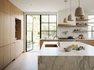 Architectural interior photography of a modern kitchen remodel, bright natural daylight streaming through black-framed steel windows, white marble countertops, minimalist oak cabinetry, sharp focus, 35mm lens, high-end editorial style.