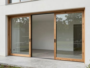 Exterior-interior transition of a modern ADU with large sliding glass doors, clean concrete floors, minimalist timber framing.