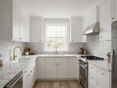Architectural interior photography of a modern kitchen remodel, white oak cabinetry, marble countertops, bright natural light, sharp focus, 35mm lens, high-end editorial style.