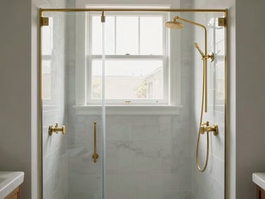Architectural interior photography of a luxury bathroom remodel, custom tiled shower, brass fixtures, natural daylight, sharp focus, 35mm lens, high-end editorial style.
