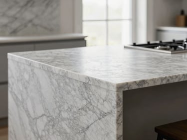 Close-up of a modern kitchen miter joint on a marble island, natural light, architectural detail, sharp focus.
