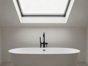 High-end luxury bathroom with a freestanding tub, minimalist matte black fixtures, natural light through a skylight.