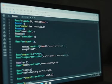 Macro close-up of a high-resolution monitor displaying clean, structured React code and database schemas, illuminated by a cool teal screen glow in a dark room.