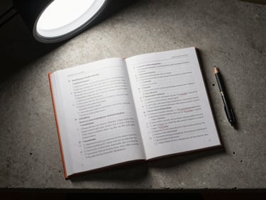 Overhead flat-lay of a Turkish-language grammar book open on a concrete desk surface, a mechanical pencil beside it, cool studio light from above, neutral tones