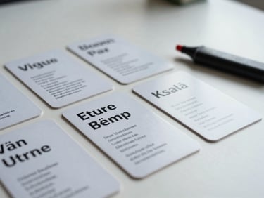 Close-up of a set of German vocabulary flashcards spread on a quiet study table, some face-up showing German words, a highlighter resting nearby, muted cool-white ambient light, minimal background, no faces