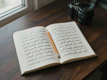 Overhead flat-lay of an open Arabic-script workbook on a dark wood desk, a pencil resting diagonally across the page, soft north-facing window light, desaturated cool tones