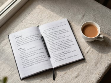 Overhead flat-lay of a Hindi-script study notebook open beside a cup of chai on a light linen surface, soft afternoon window light from the left, muted warm tones