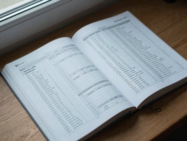 Close-up of a German B1 course book lying open on a wooden desk, page spread showing grammar tables and vocabulary lists, soft afternoon window light from the left, muted cool tones, no hands, overhead angle