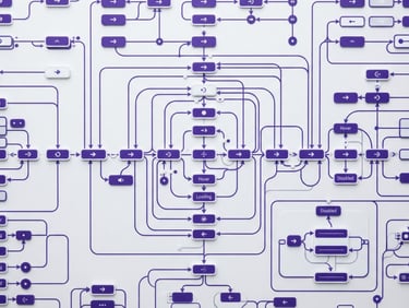 Macro close-up of a structured UI component state diagram, perfectly aligned orthographic view, crisp studio lighting, bright white and royal purple accents, sharp macro lens.