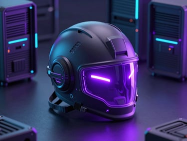 Sleek 3D render of a high-tech survival hazard helmet glowing with electric purple LED lights, isometric perspective, octane render