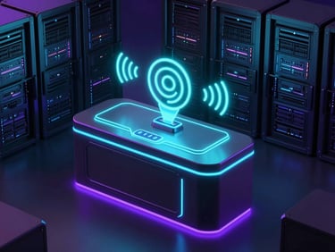 Sleek 3D render of a futuristic robotic terminal console with glowing neon cyan communication wave icons, dark server environment