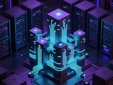 Sleek 3D render of a glowing blocky voxel castle made of digital neon cyan circuits, dark high-tech server hardware background, isometric view