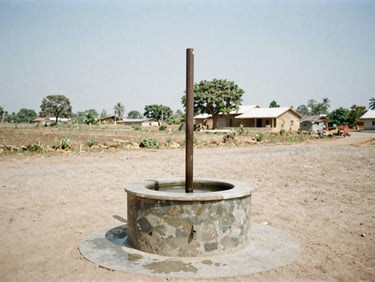 Documentary film photography of a community-built water well in a rural village, natural daylight, honest desaturated tones, wide-angle lens, 35mm