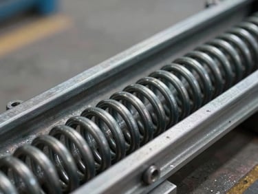 Macro detail of heavy-duty steel torsion spring and clean galvanized track assembly, natural side light, industrial precision focus