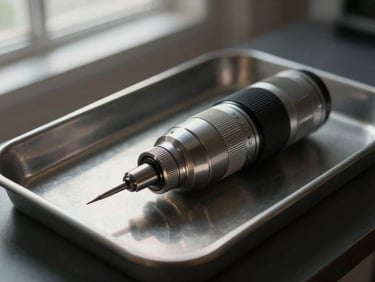 Sterile medical-grade tattoo equipment on a clean tray, soft side light, macro shot, 35mm.