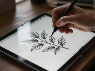Artist sketching an intricate botanical tattoo design on a tablet in a sunlit studio, close-up, 35mm.