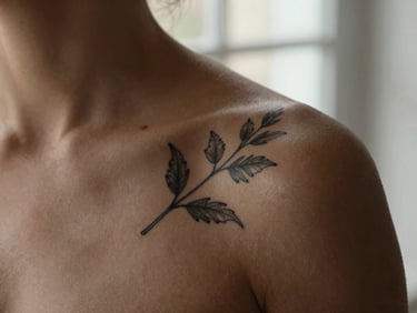 Close-up of a healed botanical tattoo on a shoulder, soft natural light, rich skin tones, 35mm.